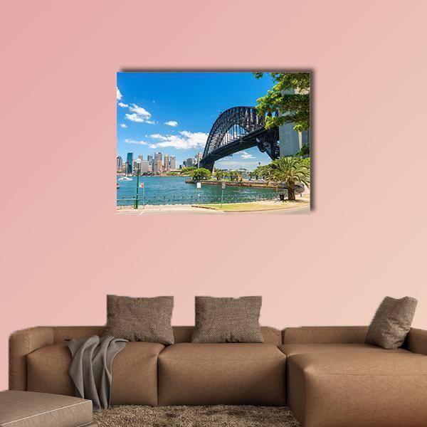 Sydney Harbour Bridge Side View Canvas Wall Art in white, green and blue, single panel hung on a wall