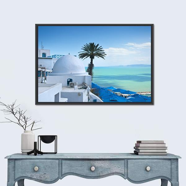Sidi Bou Said In Tunis Canvas Wall Art-1 Piece-Floating Frame-24" x 16"-Tiaracle