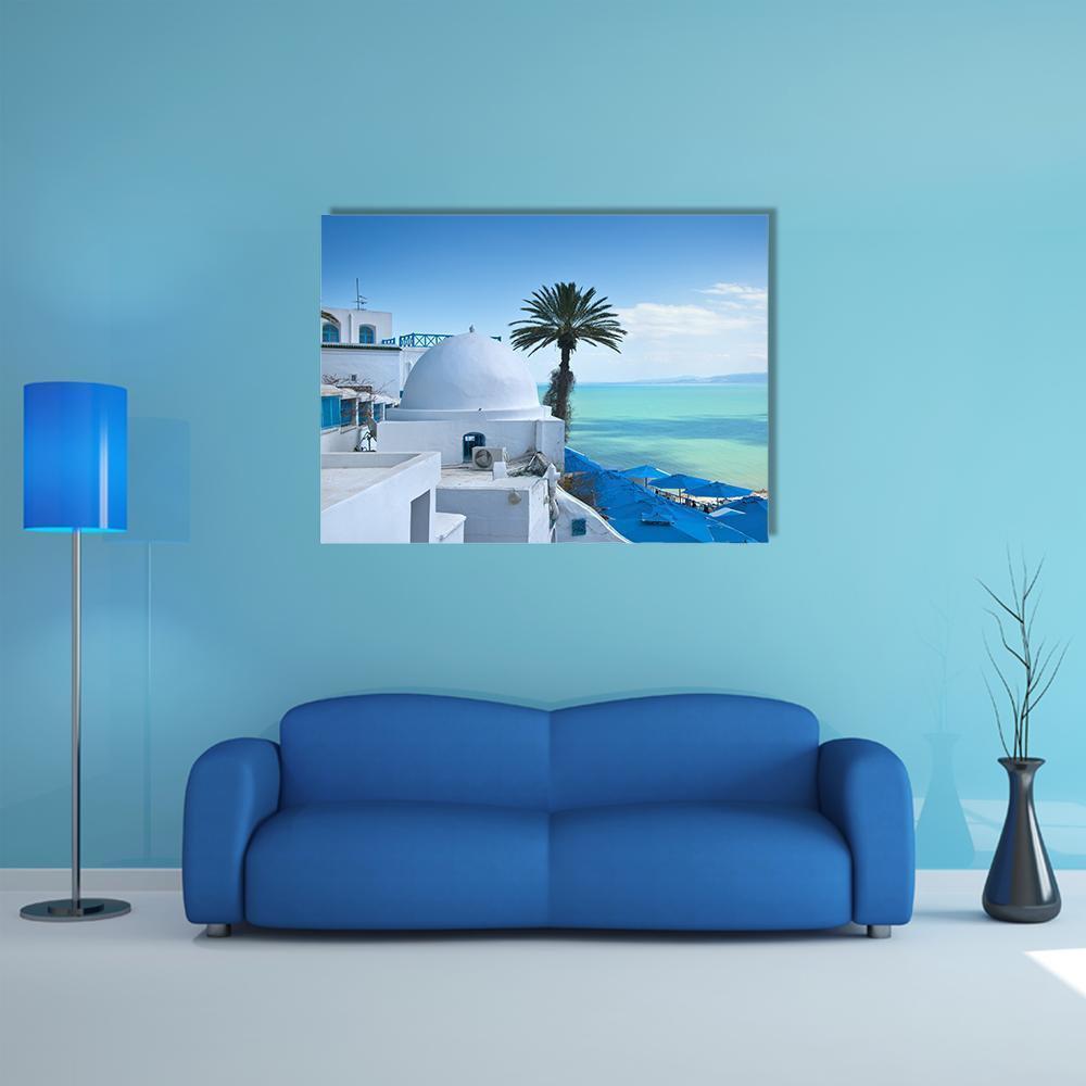 Sidi Bou Said, Tunis Canvas Wall Art in white and blue, single panel hung on a wall