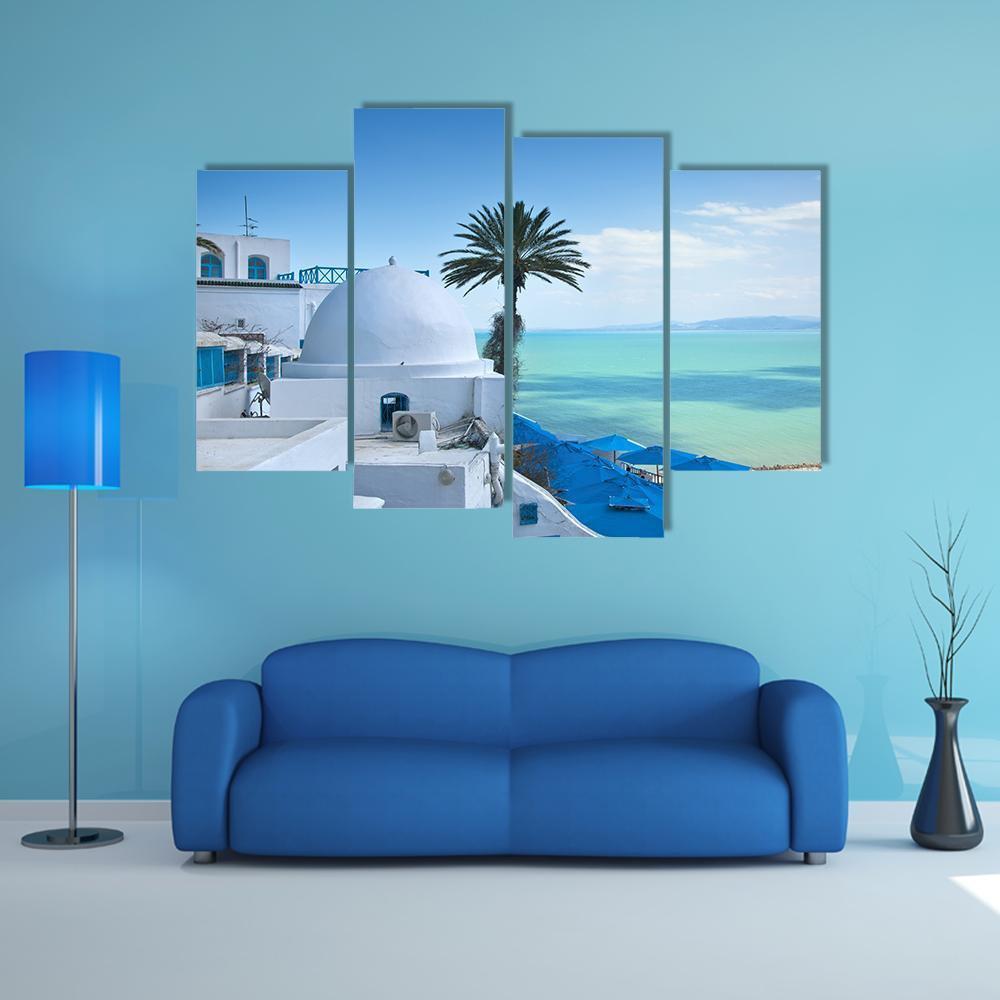 Sidi Bou Said In Tunis Canvas Wall Art-4 Pop-Gallery Wrap-50" x 32"-Tiaracle
