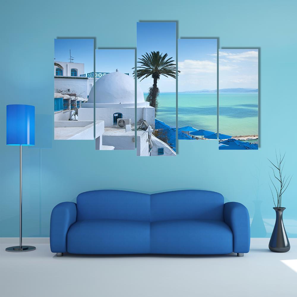 Sidi Bou Said In Tunis Canvas Wall Art-5 Pop-Gallery Wrap-47" x 32"-Tiaracle