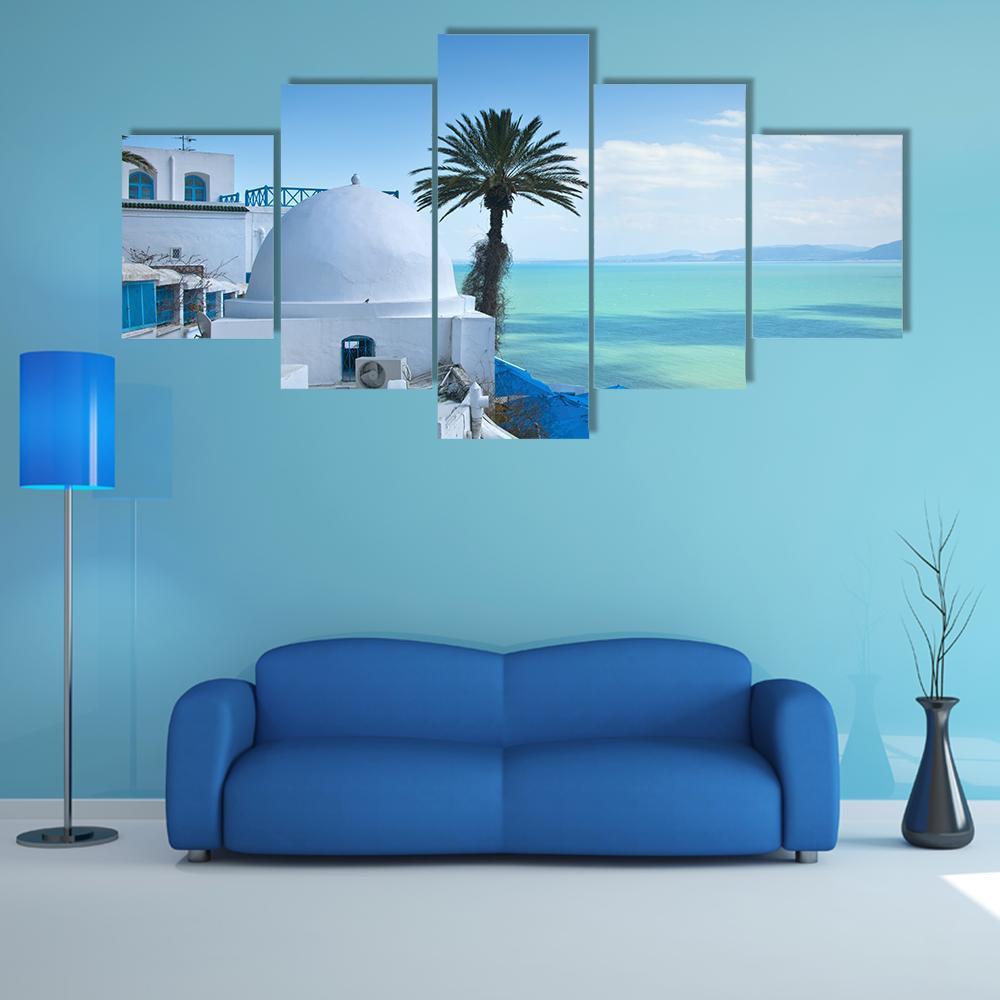 Sidi Bou Said In Tunis Canvas Wall Art-5 Star-Gallery Wrap-62" x 32"-Tiaracle