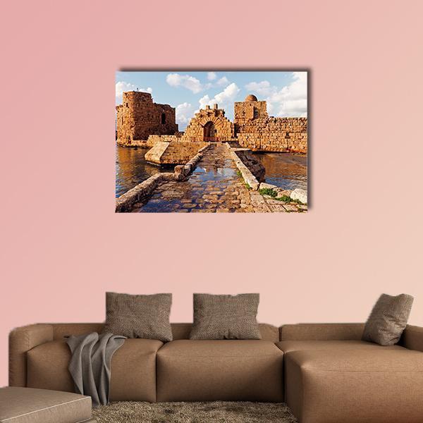 Sidon Sea Castle Canvas Wall Art in beige, brown and blue, single panel hung on a wall