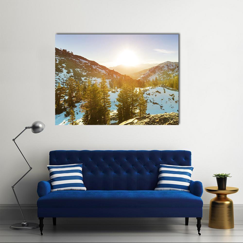Sierra Nevada Mountain at Golden Hour Canvas Wall Art in white, yellow and blue, single panel hung on a wall