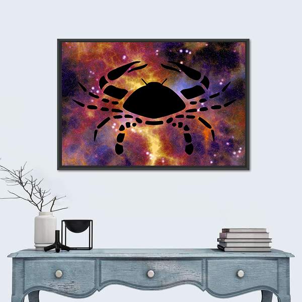 Cancer Zodiac Crab Silhouette Nebula Canvas Wall Art in orange, purple and multicolor, framed canvas, product view on a white background