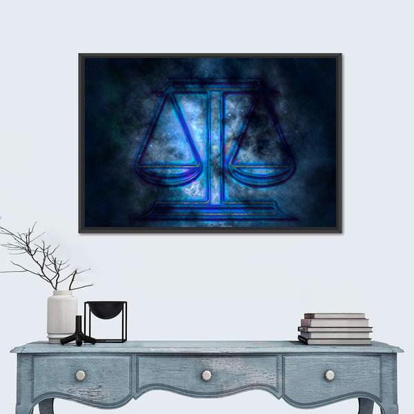 Libra Scales in Cosmic Nebula Canvas Wall Art in black, blue and purple, framed canvas, product view on a white background
