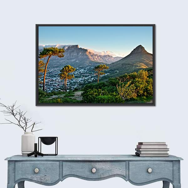Signal Hill in Cape Town Canvas Wall Art in brown, green and blue, framed canvas, product view on a white background
