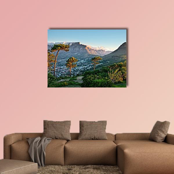 Signal Hill in Cape Town Canvas Wall Art in brown, green and blue, single panel hung on a wall