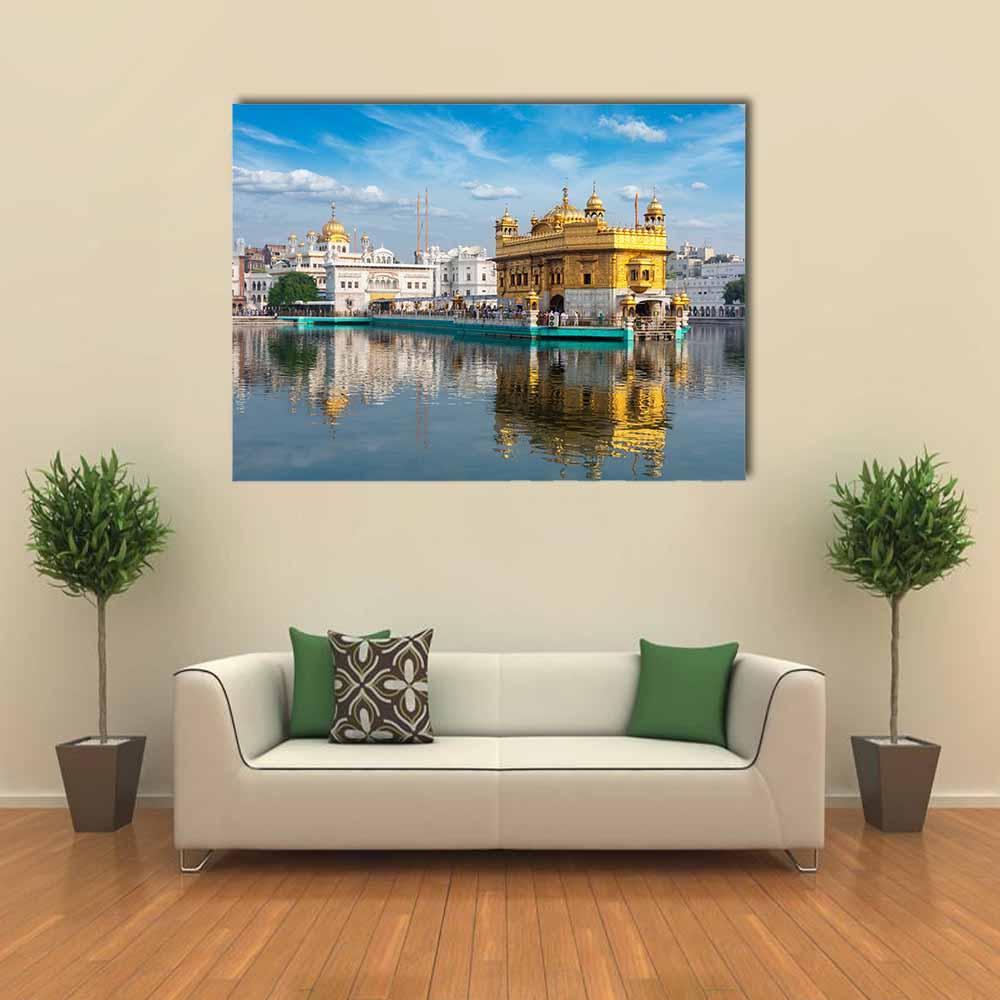 Golden Temple (harmandir Sahib) Canvas Wall Art in white, gold and blue, single panel hung on a wall