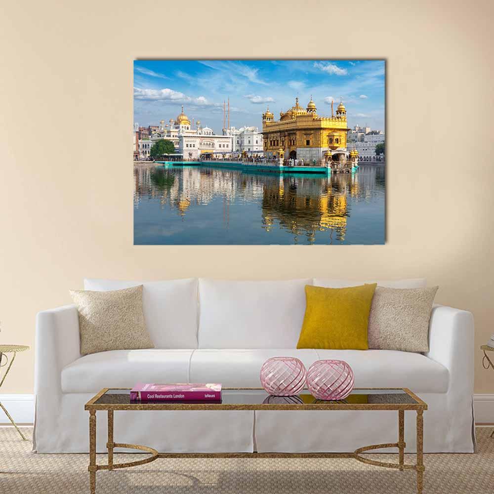 Golden Temple at Harmandir Sahib Canvas Wall Art in white, gold and blue, single panel hung on a wall