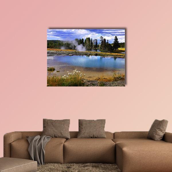 Silent Geyser in Yellowstone Canvas Wall Art in brown, green and blue, single panel hung on a wall