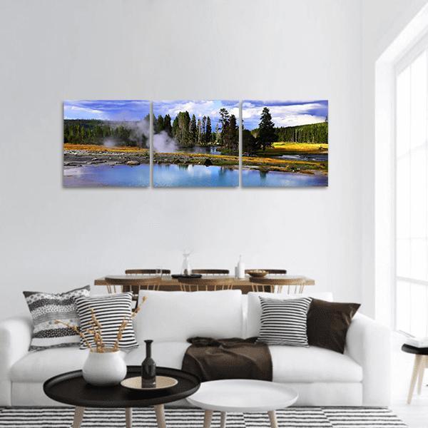 Silent Geyser in Yellowstone National Park Panoramic Canvas Wall Art in yellow, green and blue, hung on a wall