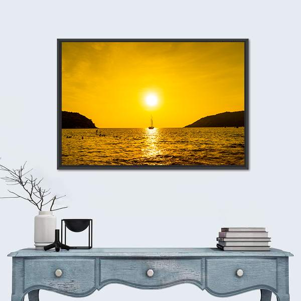 Silhouette Boat In Sea Canvas Wall Art-1 Piece-Floating Frame-24" x 16"-Tiaracle
