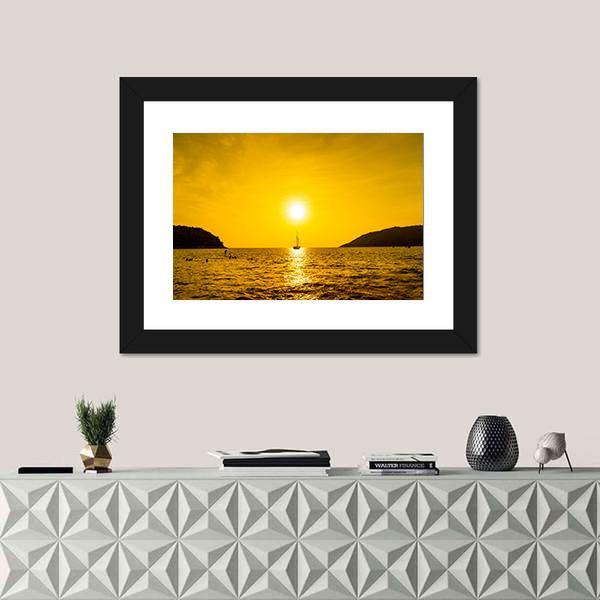 Silhouette Boat In Sea Canvas Wall Art-1 Piece-Framed Print-20" x 16"-Tiaracle
