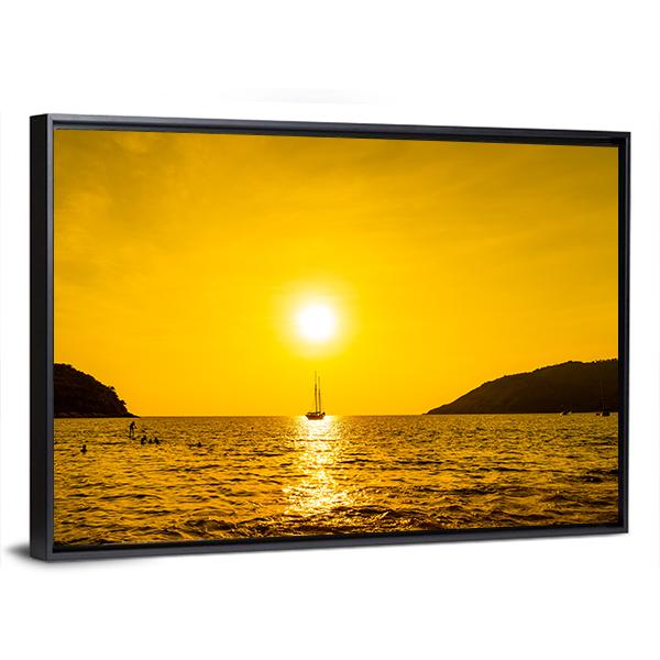 Silhouette Boat In Sea Canvas Wall Art-3 Horizontal-Gallery Wrap-25" x 16"-Tiaracle