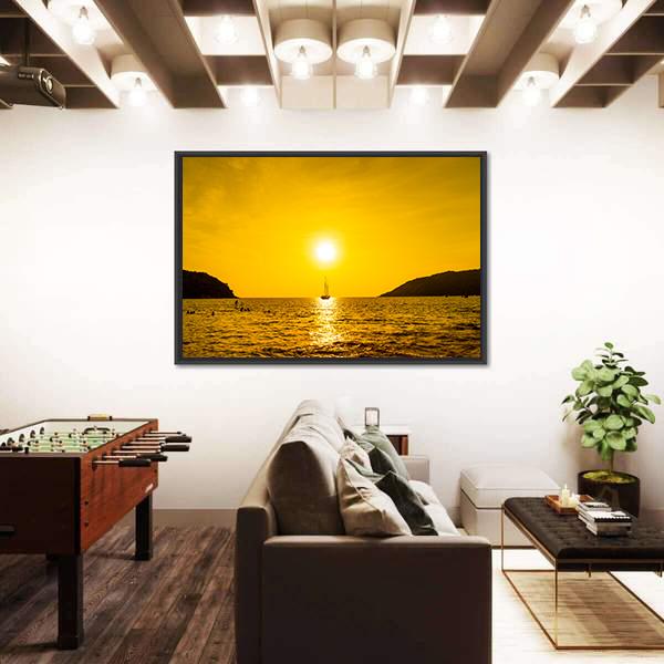Silhouette Boat In Sea Canvas Wall Art-3 Horizontal-Gallery Wrap-25" x 16"-Tiaracle