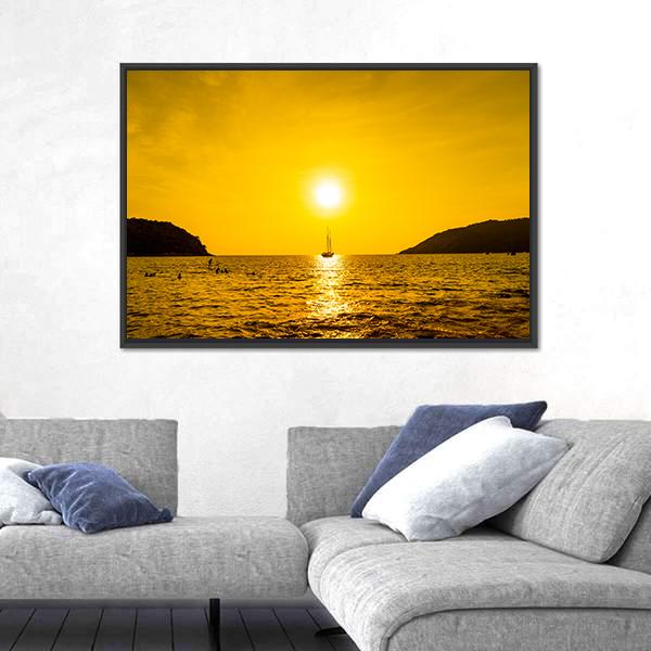 Silhouette Boat In Sea Canvas Wall Art-3 Horizontal-Gallery Wrap-25" x 16"-Tiaracle