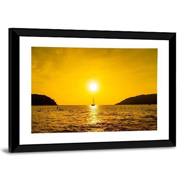 Silhouette Boat In Sea Canvas Wall Art-3 Horizontal-Gallery Wrap-25" x 16"-Tiaracle