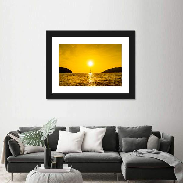 Silhouette Boat In Sea Canvas Wall Art-3 Horizontal-Gallery Wrap-25" x 16"-Tiaracle