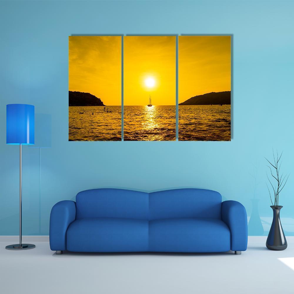 Silhouette Boat In Sea Canvas Wall Art-3 Horizontal-Gallery Wrap-37" x 24"-Tiaracle