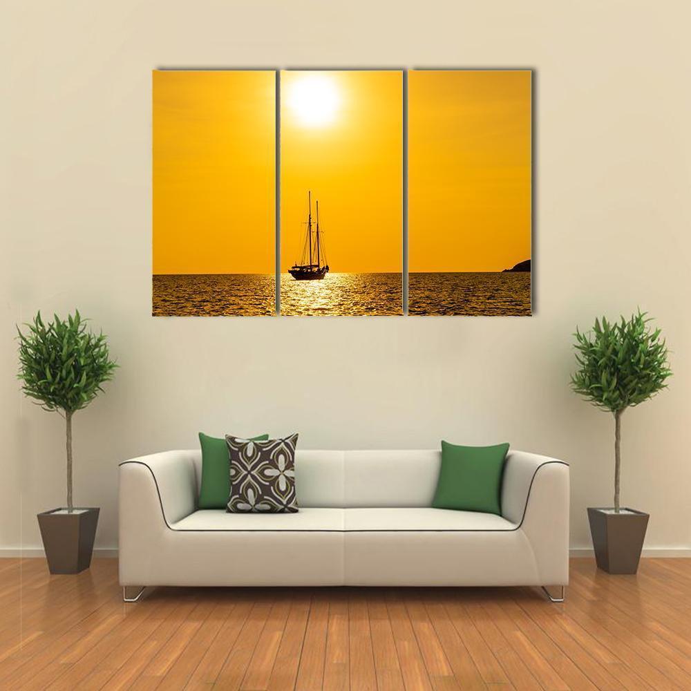 Silhouette Boat In Sea Canvas Wall Art-3 Horizontal-Gallery Wrap-37" x 24"-Tiaracle