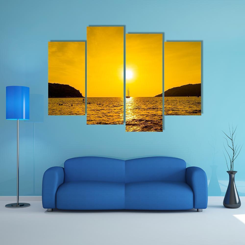 Silhouette Boat In Sea Canvas Wall Art-4 Pop-Gallery Wrap-50" x 32"-Tiaracle