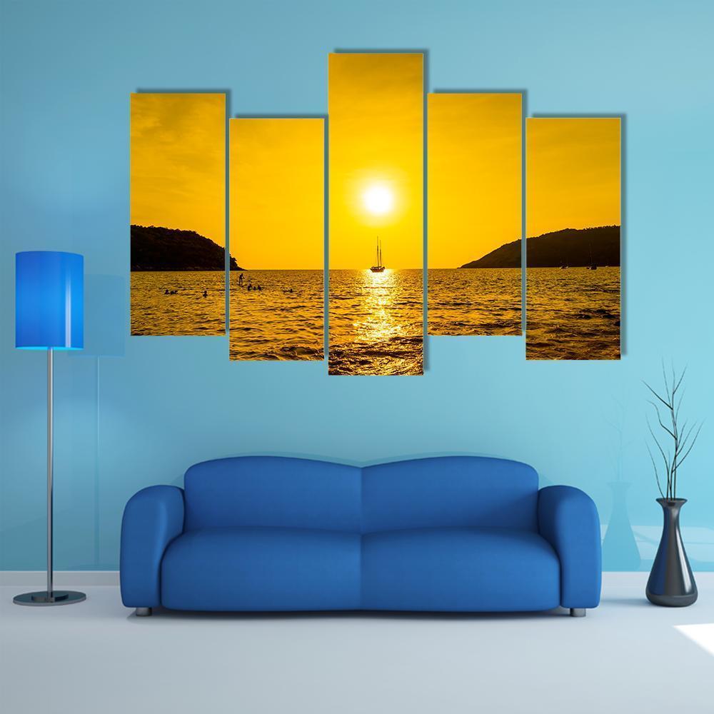 Silhouette Boat In Sea Canvas Wall Art-5 Pop-Gallery Wrap-47" x 32"-Tiaracle