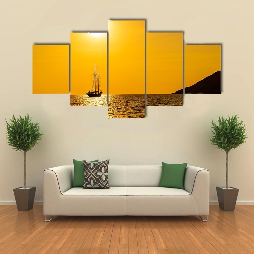 Silhouette Boat In Sea Canvas Wall Art-5 Star-Gallery Wrap-62" x 32"-Tiaracle