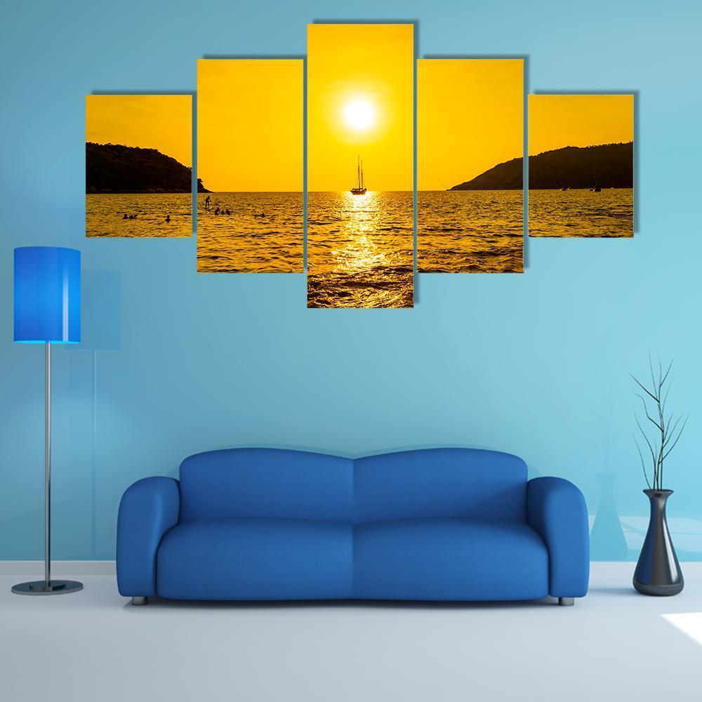 Silhouette Boat In Sea Canvas Wall Art-5 Star-Gallery Wrap-62" x 32"-Tiaracle