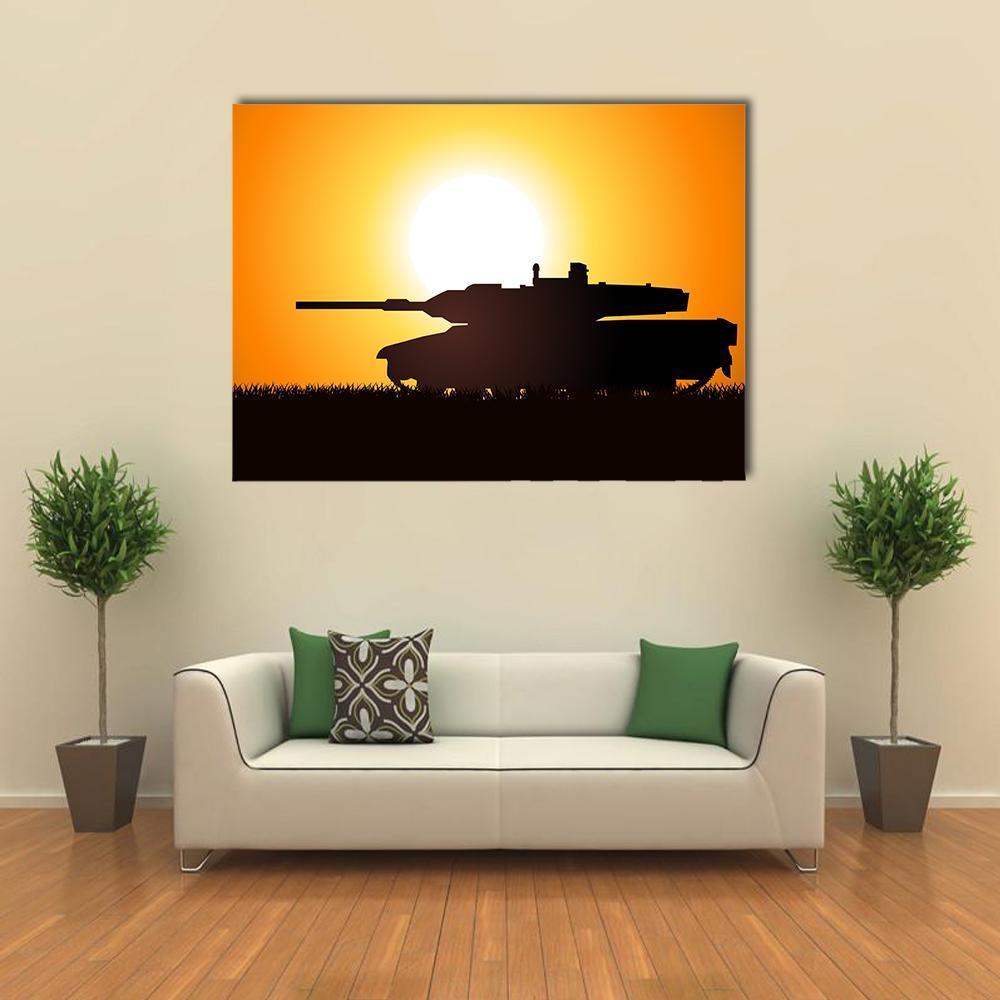 Tank Silhouette at Sunset Canvas Wall Art in black, orange and yellow, single panel hung on a wall