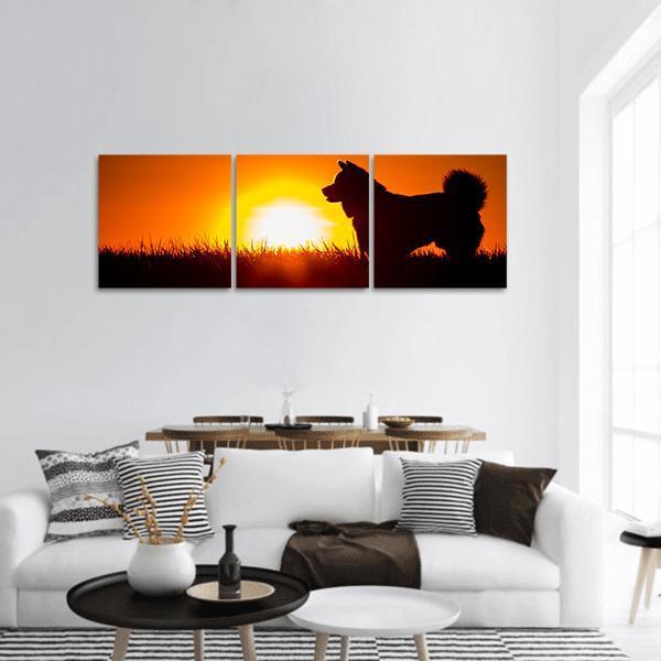 Silhouette Of A Dog At Golden Sunset Panoramic Canvas Wall Art-3 Piece-25" x 08"-Tiaracle
