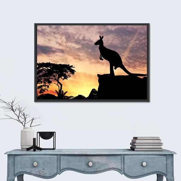 Silhouette Of A Kangaroo On A Hill At Sunset Canvas Wall Art-1 Piece-Floating Frame-24" x 16"-Tiaracle