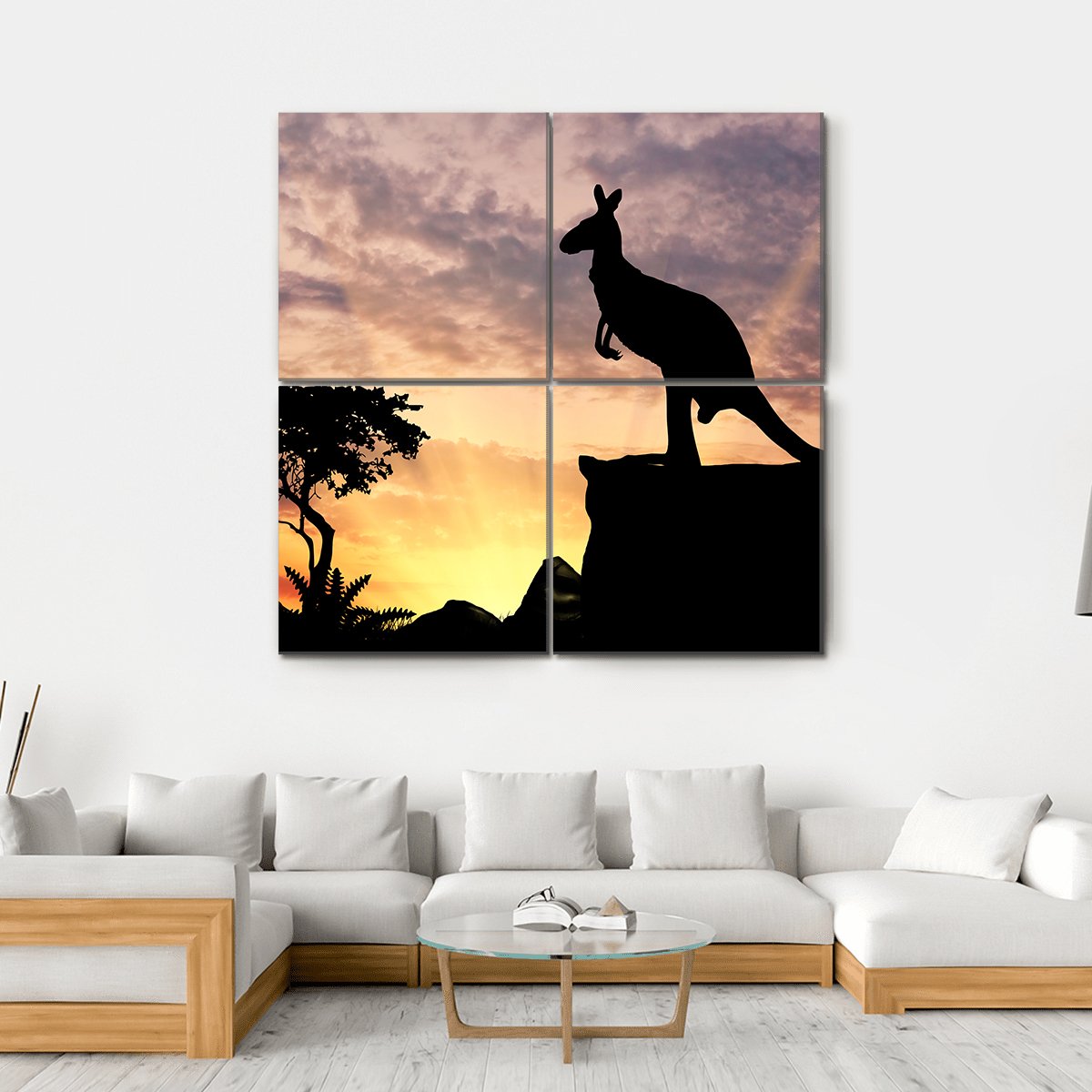 Silhouette Of A Kangaroo On A Hill At Sunset Canvas Wall Art-4 Square-Gallery Wrap-17" x 17"-Tiaracle