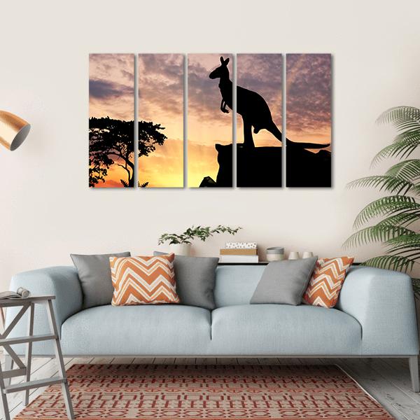 Silhouette Of A Kangaroo On A Hill At Sunset Canvas Wall Art-5 Horizontal-Gallery Wrap-22" x 12"-Tiaracle