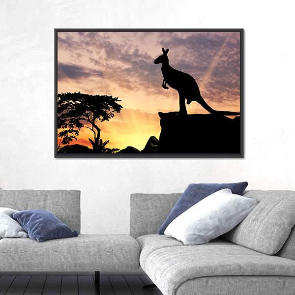 Silhouette Of A Kangaroo On A Hill At Sunset Canvas Wall Art-3 Horizontal-Gallery Wrap-25" x 16"-Tiaracle