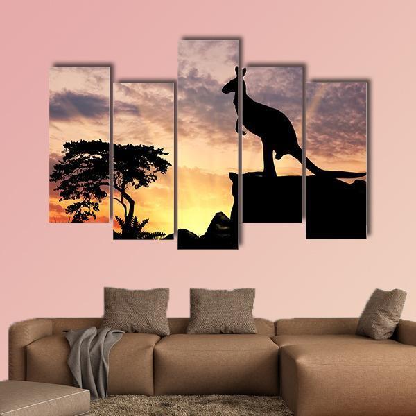 Silhouette Of A Kangaroo On A Hill At Sunset Canvas Wall Art-5 Pop-Gallery Wrap-47" x 32"-Tiaracle