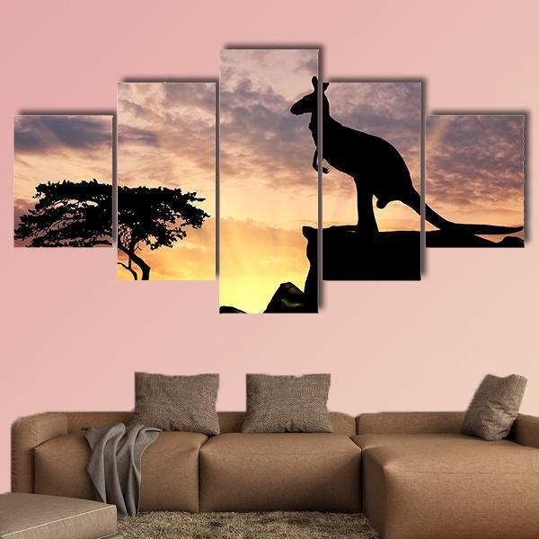 Silhouette Of A Kangaroo On A Hill At Sunset Canvas Wall Art-5 Star-Gallery Wrap-62" x 32"-Tiaracle