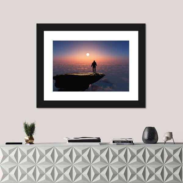 Silhouette Of A Man On A Rock Canvas Wall Art-1 Piece-Framed Print-20" x 16"-Tiaracle