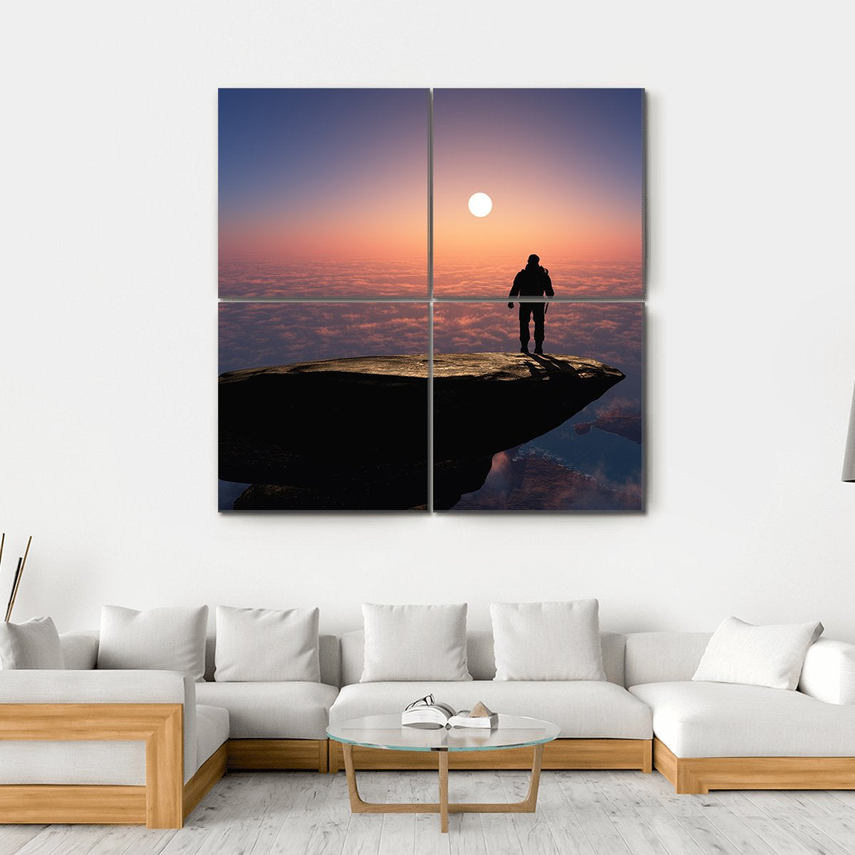 Silhouette Of A Man On A Rock Canvas Wall Art-4 Square-Gallery Wrap-17&quot; x 17&quot;-Tiaracle