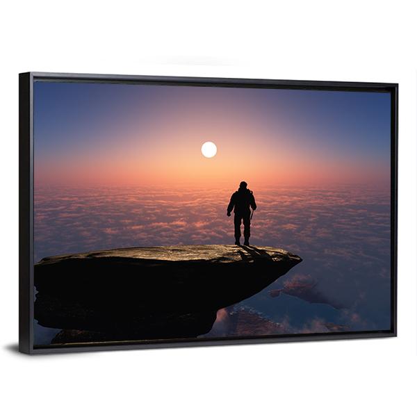 Silhouette Of A Man On A Rock Canvas Wall Art-3 Horizontal-Gallery Wrap-25" x 16"-Tiaracle
