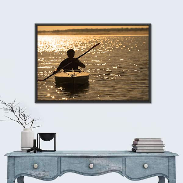 Silhouette Of A Man Rowing In The Canoe Canvas Wall Art-1 Piece-Floating Frame-24&quot; x 16&quot;-Tiaracle