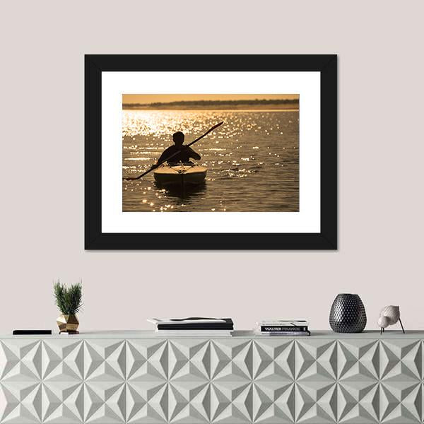Silhouette Of A Man Rowing In The Canoe Canvas Wall Art-1 Piece-Framed Print-20&quot; x 16&quot;-Tiaracle