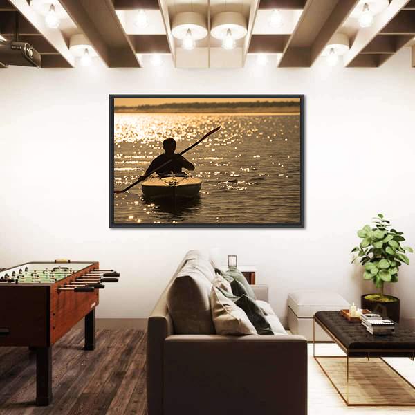 Silhouette Of A Man Rowing In The Canoe Canvas Wall Art-5 Horizontal-Gallery Wrap-22" x 12"-Tiaracle