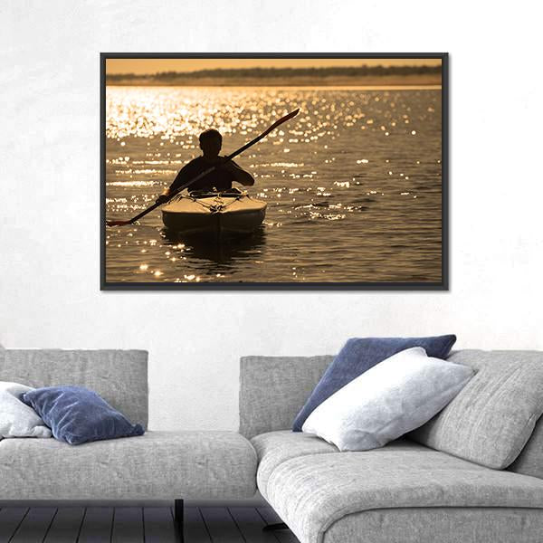 Silhouette Of A Man Rowing In The Canoe Canvas Wall Art-5 Horizontal-Gallery Wrap-22" x 12"-Tiaracle