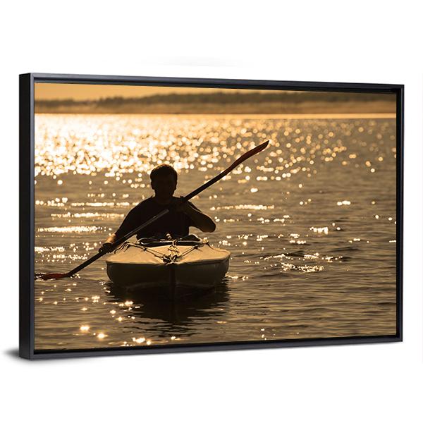 Silhouette Of A Man Rowing In The Canoe Canvas Wall Art-5 Horizontal-Gallery Wrap-22" x 12"-Tiaracle