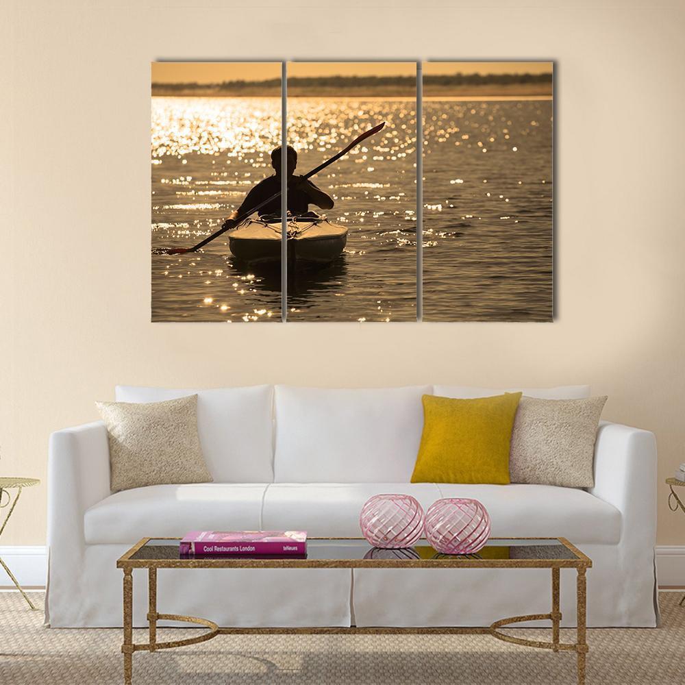 Silhouette Of A Man Rowing In The Canoe Canvas Wall Art-3 Horizontal-Gallery Wrap-37" x 24"-Tiaracle