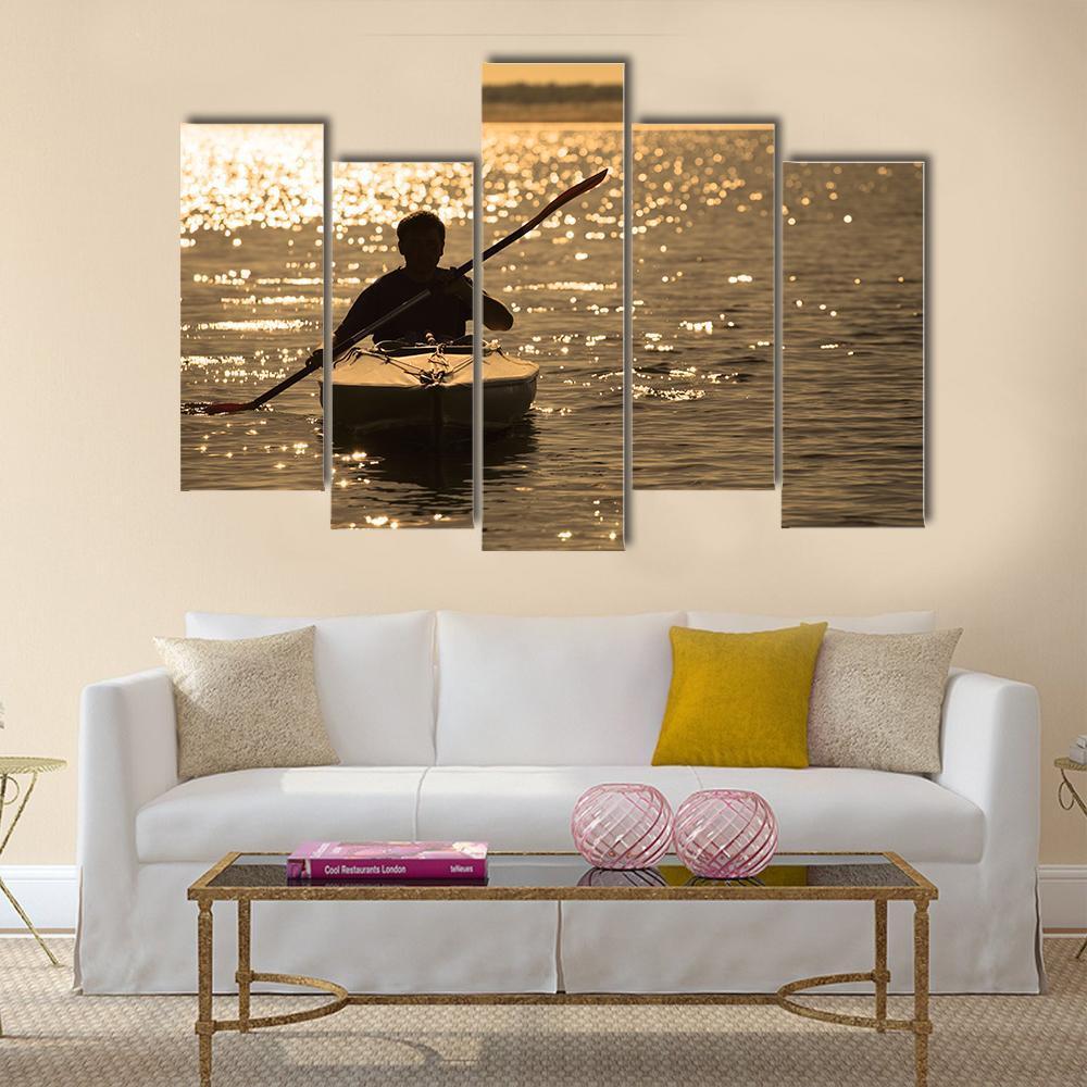 Silhouette Of A Man Rowing In The Canoe Canvas Wall Art-5 Pop-Gallery Wrap-47" x 32"-Tiaracle
