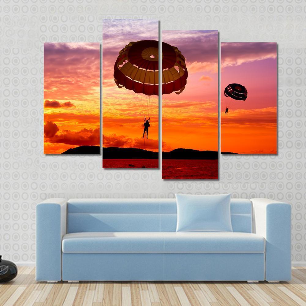 Silhouette Of A Para-Sailors At Sunset Canvas Wall Art-4 Pop-Gallery Wrap-50" x 32"-Tiaracle