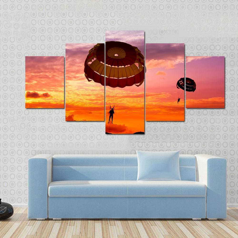 Silhouette Of A Para-Sailors At Sunset Canvas Wall Art-5 Star-Gallery Wrap-62" x 32"-Tiaracle