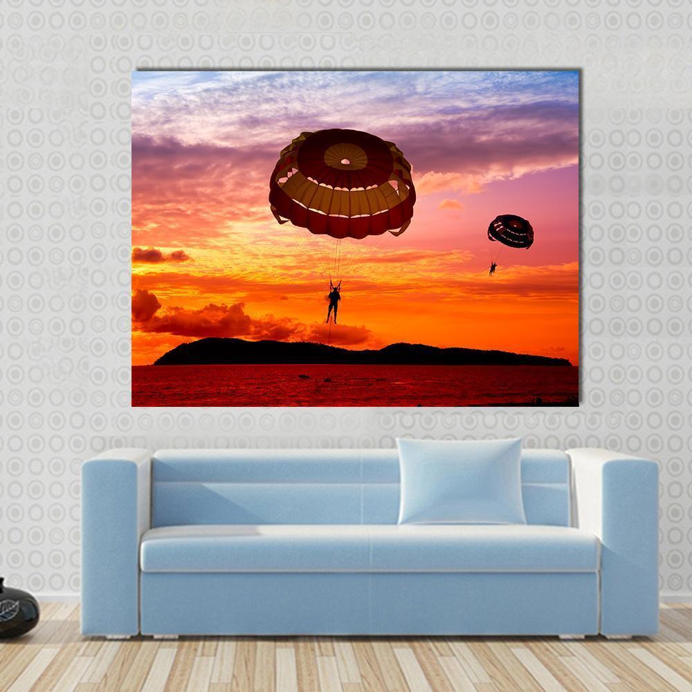 Silhouette Of A Para-Sailors At Sunset Canvas Wall Art-1 Piece-Gallery Wrap-36" x 24"-Tiaracle